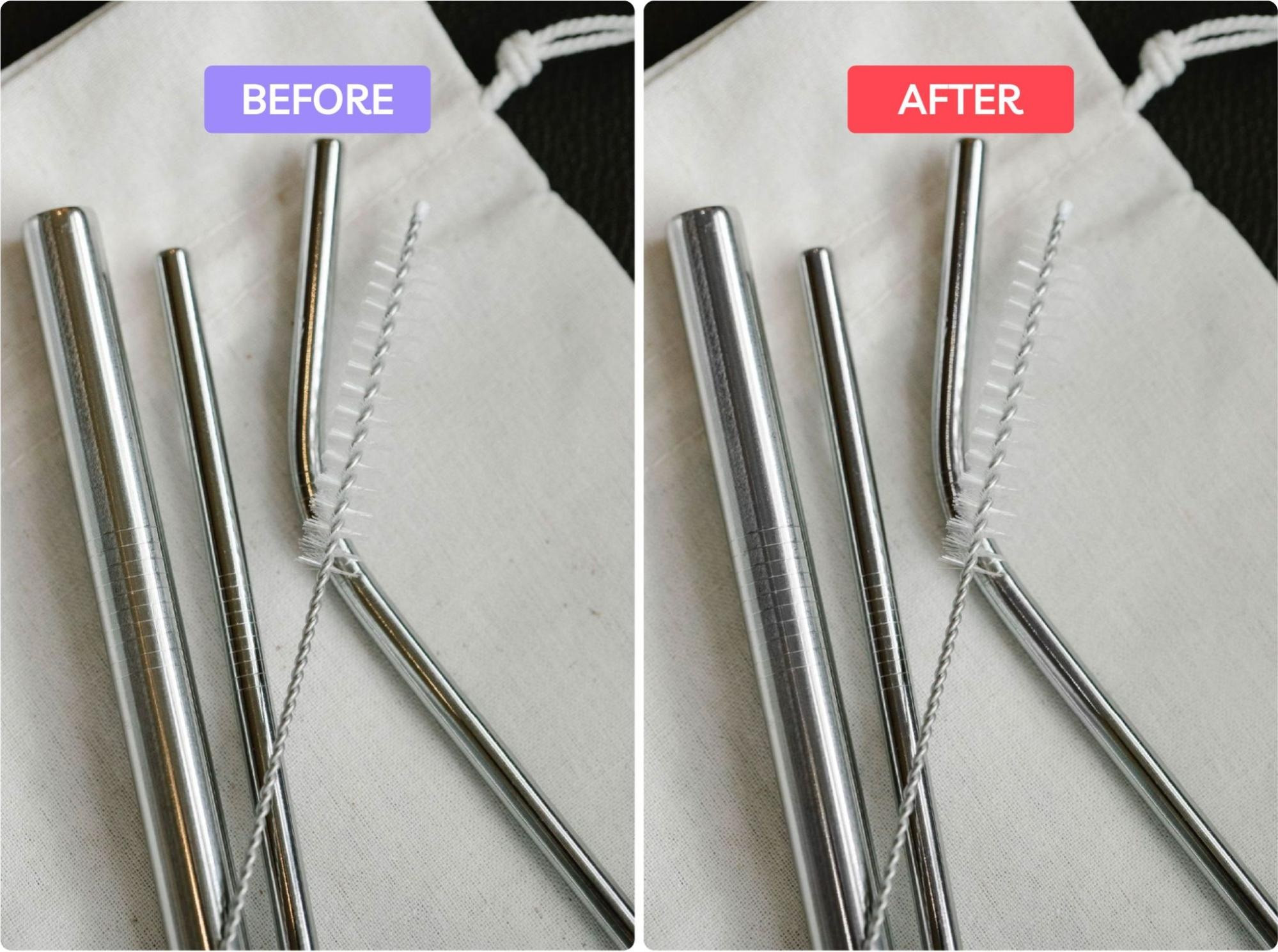 Set of metal straws with cleaning brush on a cloth pouch, labeled 