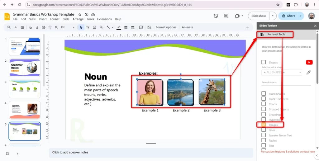 Use remove tool to remove all images