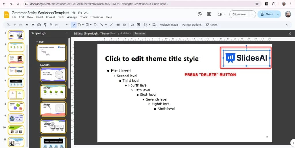 Go to master slide, select image and delete