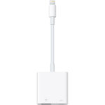 Apple Lightning to SD Card Camera Reader connected to an iPhone, with the Photos app open showing the import screen.
