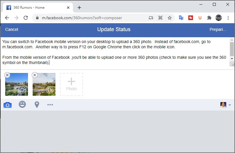 Google Chrome's developer tools showing the mobile view option for accessing Facebook's mobile interface.
