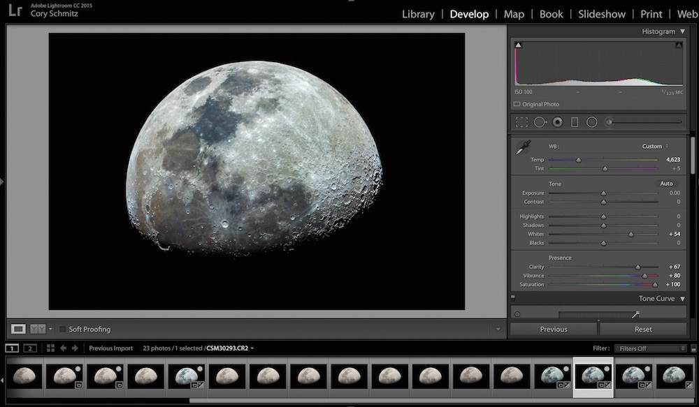 Saturation and vibrance adjustments in Lightroom for moon photography, demonstrating the effective use of these sliders to enhance color without introducing excessive noise.