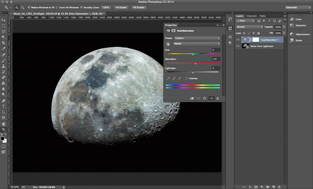 Examples of adjustment layers in Photoshop for moon photography, showcasing how to use them non-destructively to enhance color, contrast, and detail.