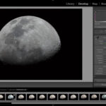 Color temperature adjustment in Lightroom for moon photography, showing the "Temp" and "Tint" sliders being used to fine-tune the image's color balance.
