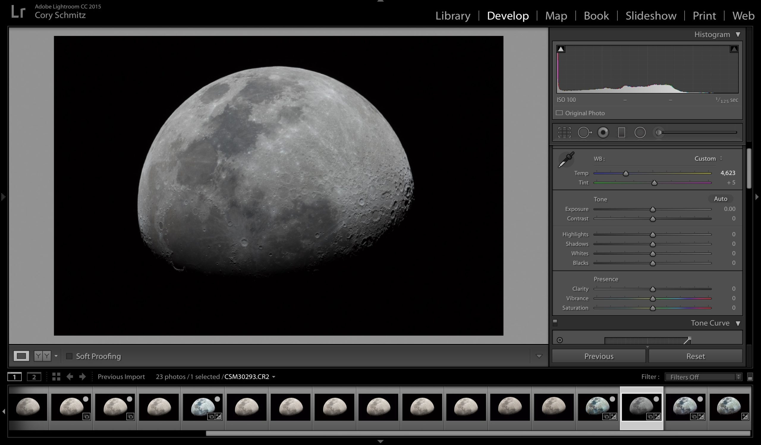 Color temperature adjustment in Lightroom for moon photography, showing the "Temp" and "Tint" sliders being used to fine-tune the image's color balance.