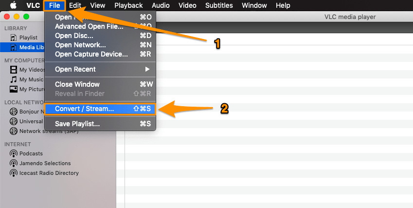 VLC Media Player interface demonstrating video conversion steps