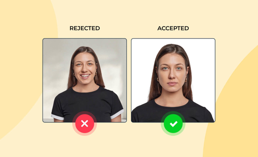 Side-by-side comparison showing passport photo rules with an accepted image featuring a neutral expression and plain background, and a rejected photo with a smile and textured backdrop.