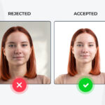 Side-by-side comparison illustrating passport picture requirements, showing an accepted photo with proper lighting and background next to a rejected example with shadows and uneven exposure.