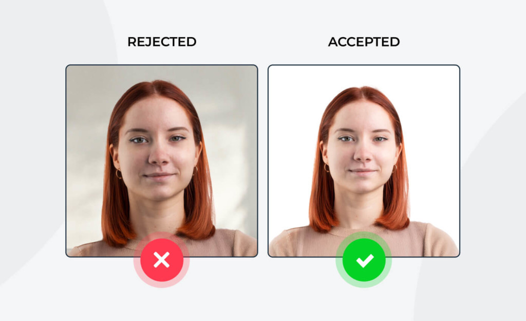 A comparison of passport pictures illustrating requirements. An accepted photo with good lighting and background is displayed next to a rejected one with shadows and uneven exposure.
