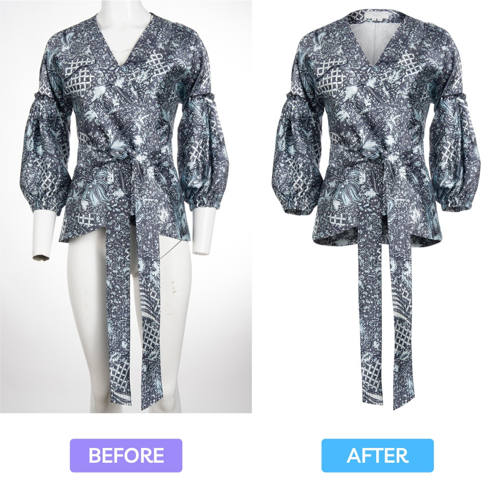 Patterned blouse displayed on a mannequin, with background removed in the 
