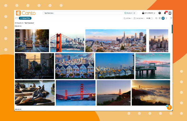 A search for San Fransisco photos in Canto over an orange background.
