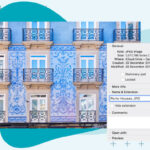 Image of Porto Houses with photo metadata displayed using a Mac over a blue background, illustrating the process of accessing metadata via the Get Info option.