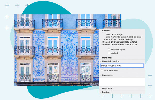 Image of Porto Houses with photo metadata displayed using a Mac over a blue background.