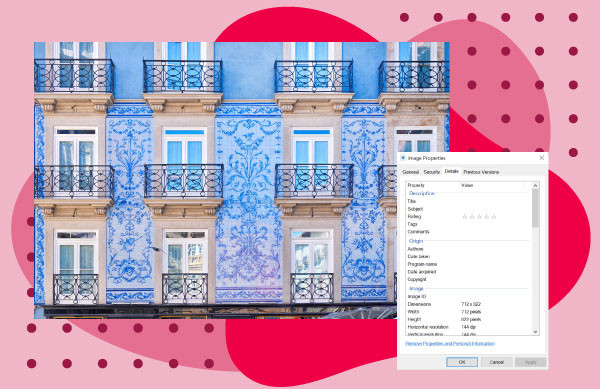 Image of blue Porto Houses with photo metadata accessed using Windows over a red background.