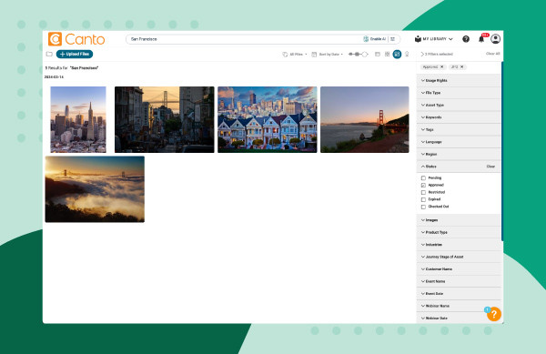 Image showing how to search metadata with Canto filters over a green background.