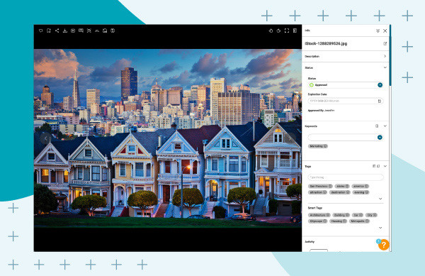 Image of San Fransisco houses with photo metadata displayed in Canto over a blue background.