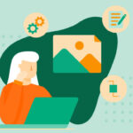 The three categories of metadata as icons with a woman on a laptop over a green background.
