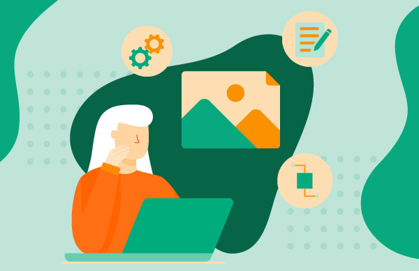 The three categories of metadata as icons with a woman on a laptop over a green background.