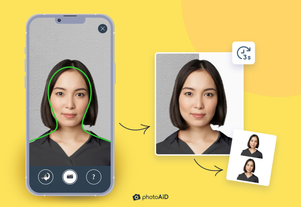 A photo taken with PhotoAiD’s mobile phone app and turned into a valid passport photograph in 3 seconds, showcasing the app's user-friendly interface and compliance features