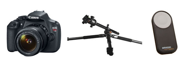 Close-up of photography equipment setup with various tools