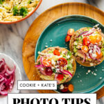 Overhead shot of a colorful salad with various vegetables, nuts, and a light dressing, plated on a white plate with a wooden background, showcasing vibrant colors and fresh ingredients for dfphoto.net users seeking food photography inspiration.
