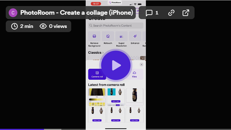 Photoroom collage interface displaying a user creating a dynamic collage with various editing options