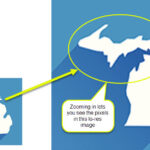 Close-up comparison of high-resolution and low-resolution images, showing pixelation in the low-resolution version