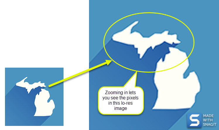 Close-up comparison of high-resolution and low-resolution images, showing pixelation in the low-resolution version
