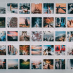 Collection of old Polaroid photos arranged in a collage pattern, highlighting the nostalgic aesthetic of instant film photography.