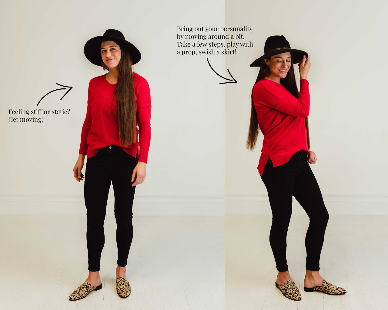 Dynamic Posing: Embrace movement by walking, twirling, or dancing to capture natural and engaging photos, adding energy and spontaneity.