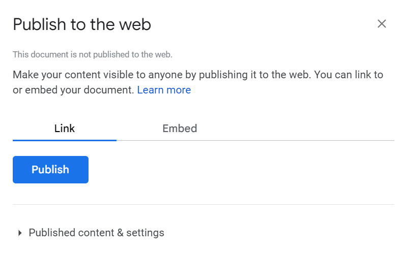 Publishing a Google Docs Document to the Web