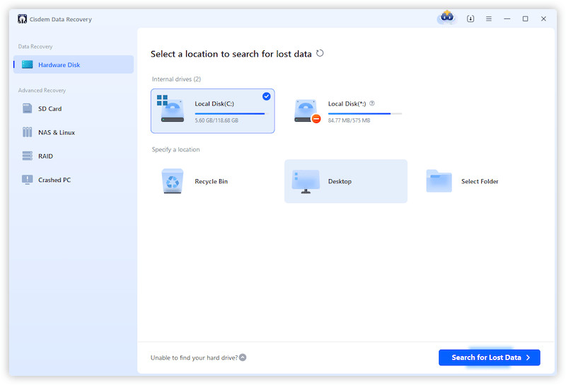 Cisdem Data Recovery Interface showing the "Hardware Disk" option