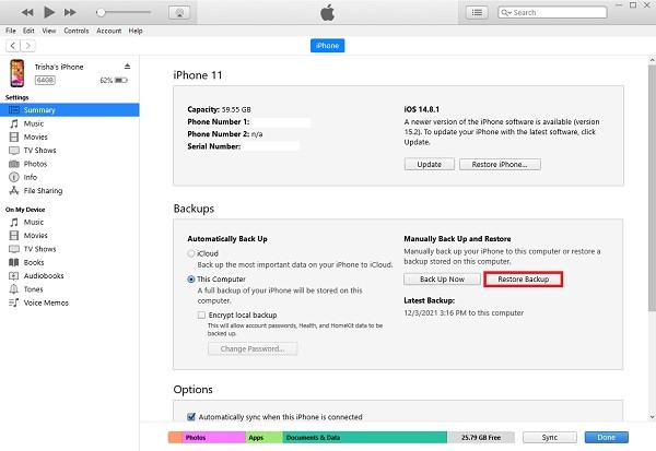 Restore photos via iTunes backup