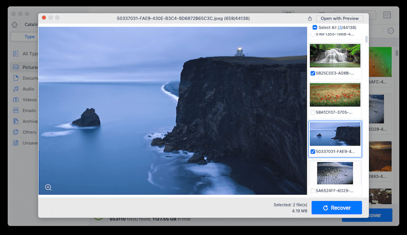 Previewing and selecting the photos for recovery