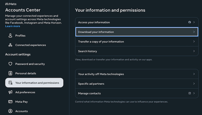 Navigating to the download information section in Facebook settings