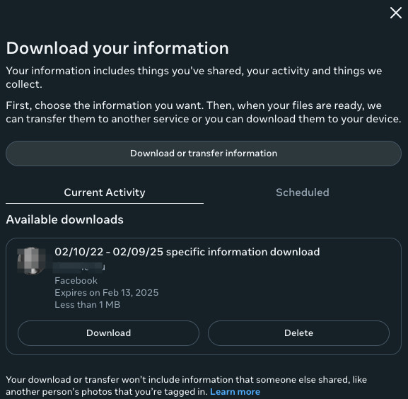 Selecting the Facebook archive for download