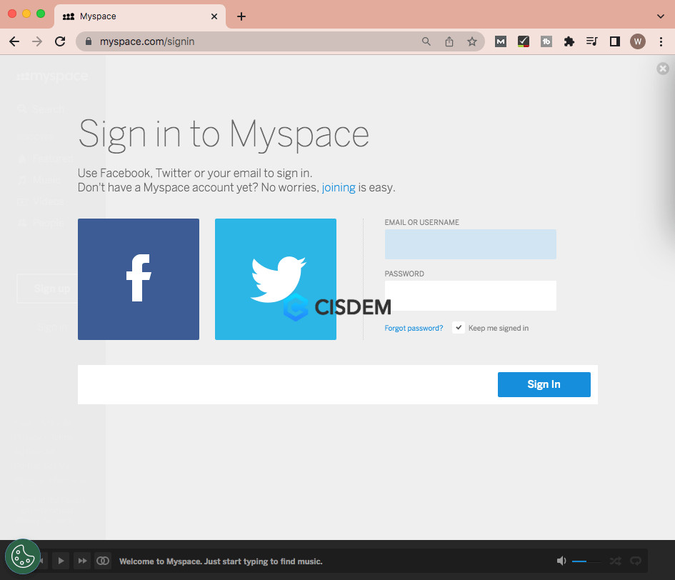 MySpace login screen