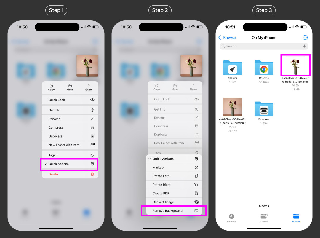 The Files app on an iPhone showing the quick actions menu with the Remove Background option highlighted