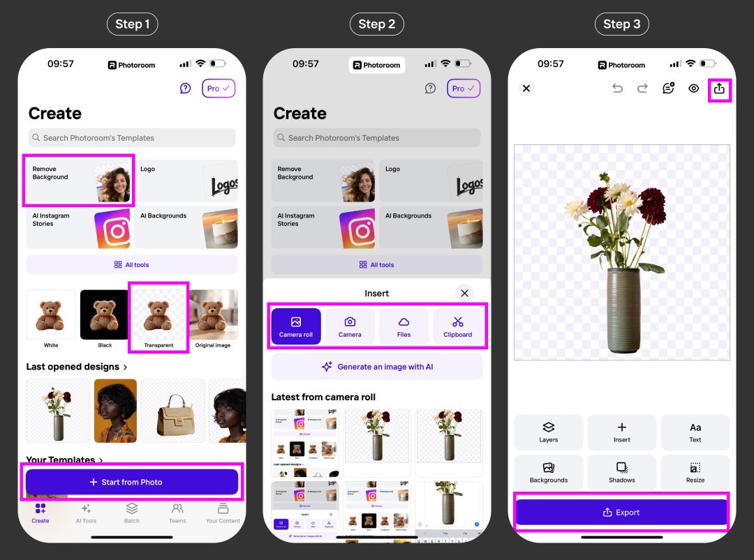 Photoroom app interface demonstrating how to remove a background from an image using the transparent background option