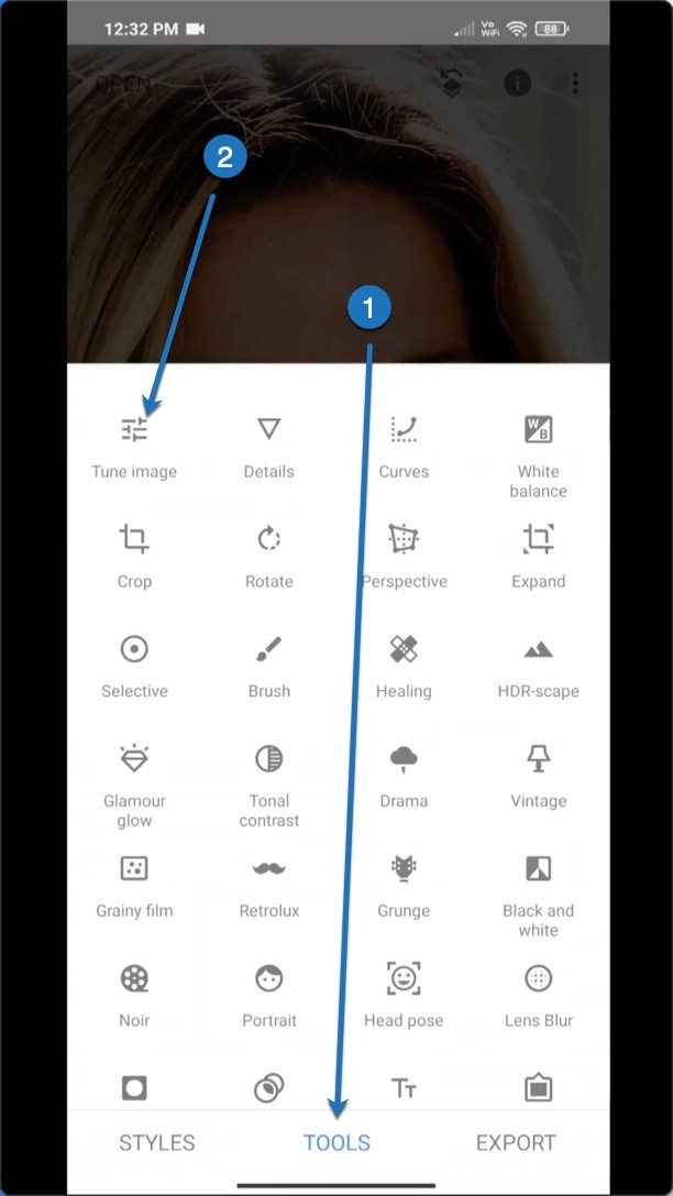 Snapseed interface highlighting the Tune Image tool