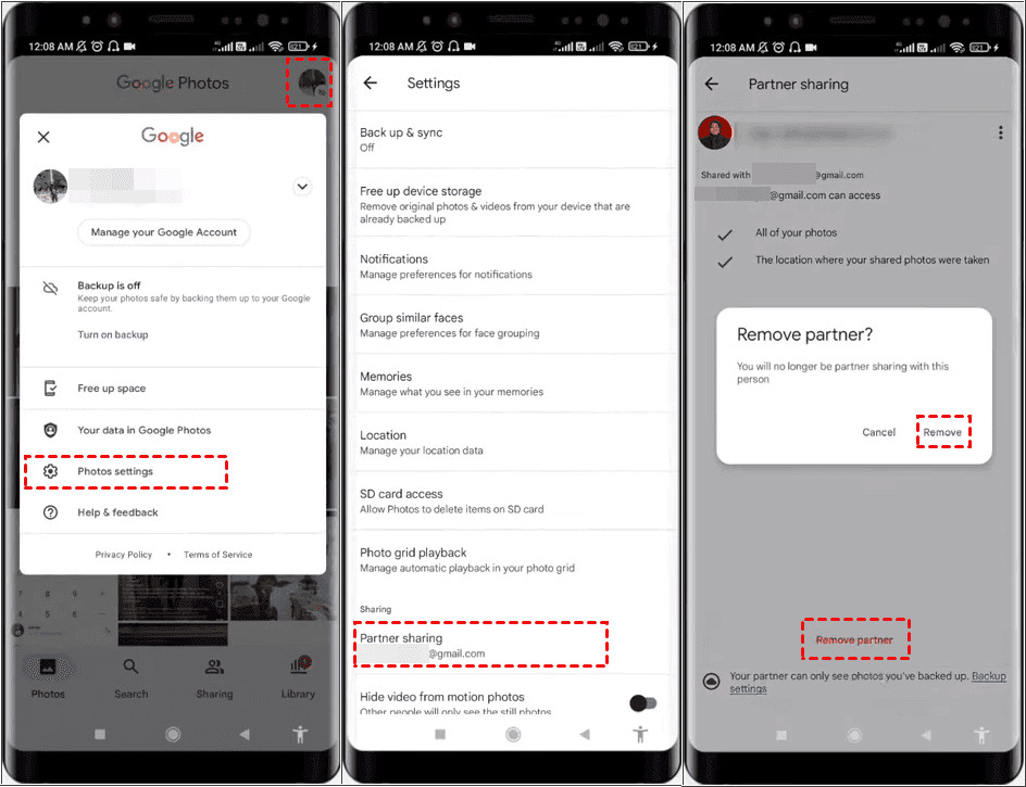 Remove Partner Sharing on Android