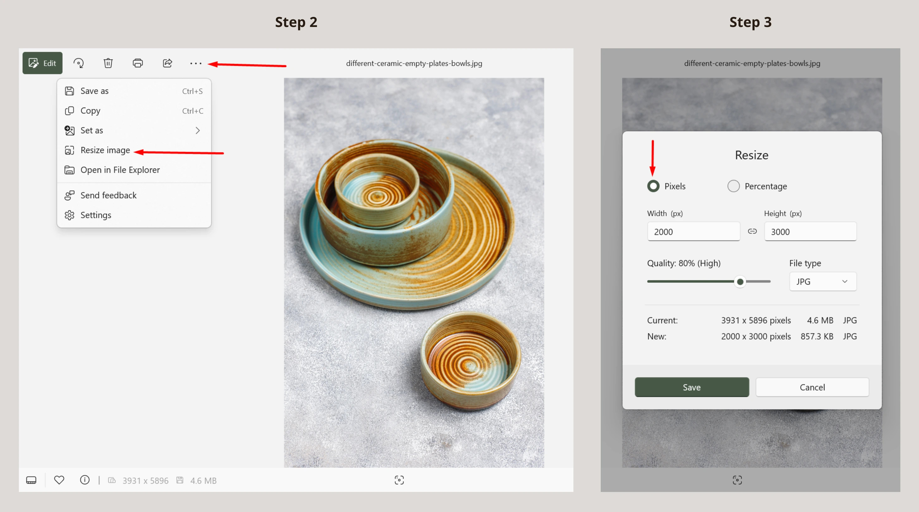 Resizing an image in Windows Photos: open menu, select resize, set pixels, adjust quality, save.