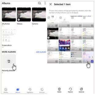 Restoring photos from the Recycle Bin on an Android device, showing the recovery process