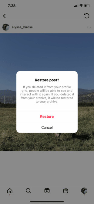 Restoring deleted Instagram photo with the restore option highlighted, showing steps to recover images
