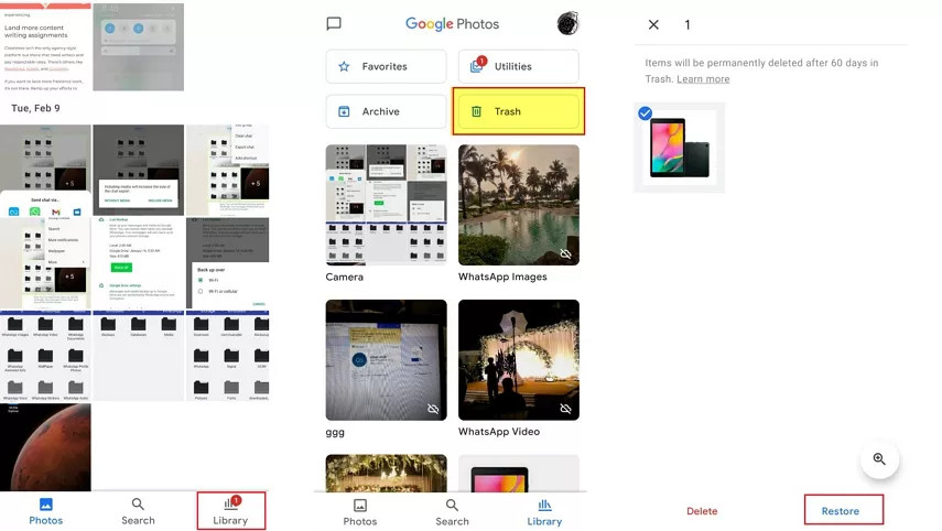 Restoring photos from the Google Photos trash on an Android device, highlighting cloud recovery