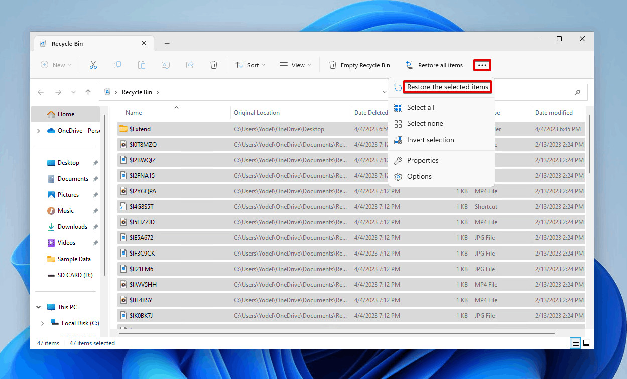 Screenshot of the Windows Recycle Bin, showing the option to restore selected items to their original locations