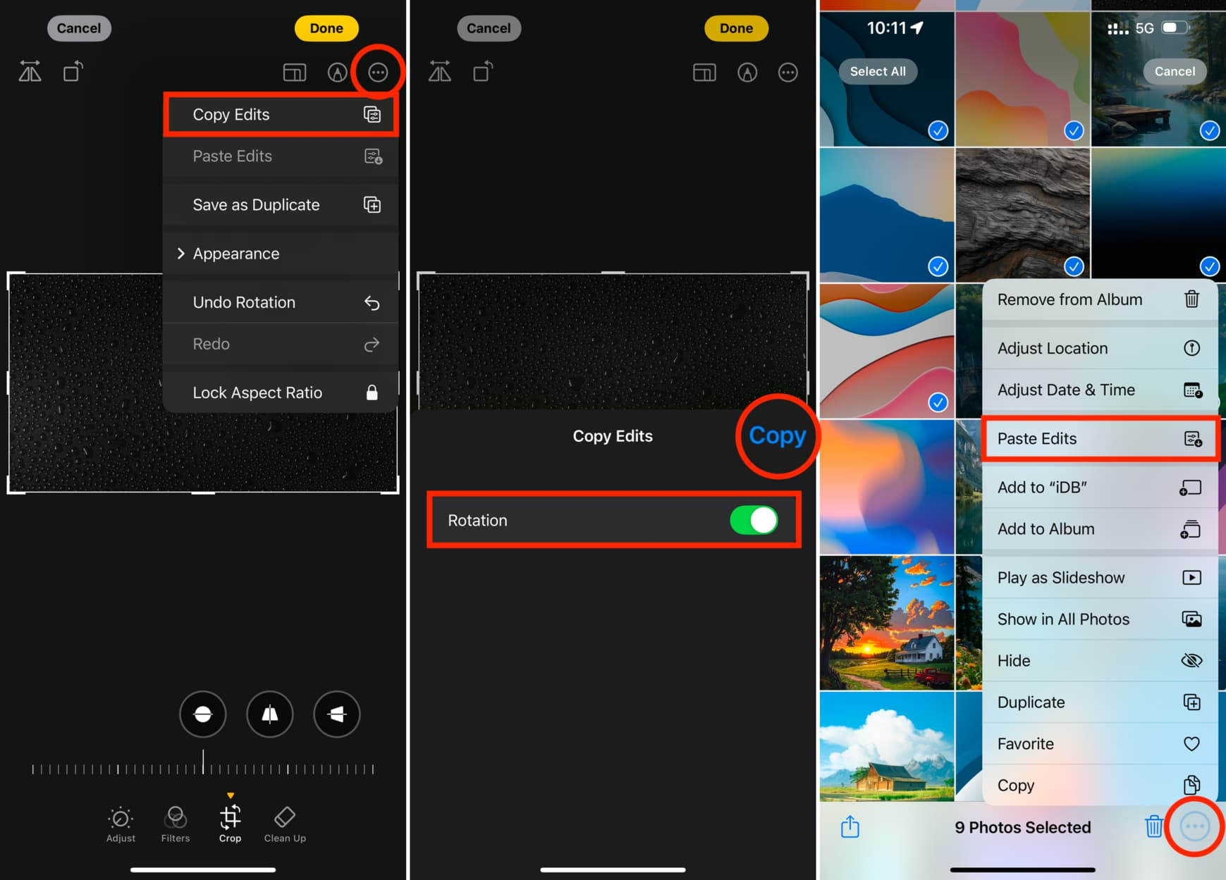 Rotating multiple images at once on iPhone in Photos app