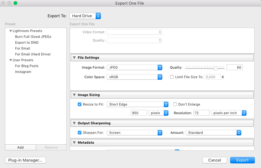 Lightroom Export Settings for Reducing Image Size
