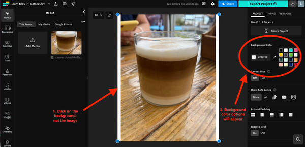 Screenshot of selecting and editing the background color in Kapwing