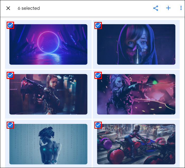 Selecting multiple photos in a Google Photos album on a desktop using the Shift key